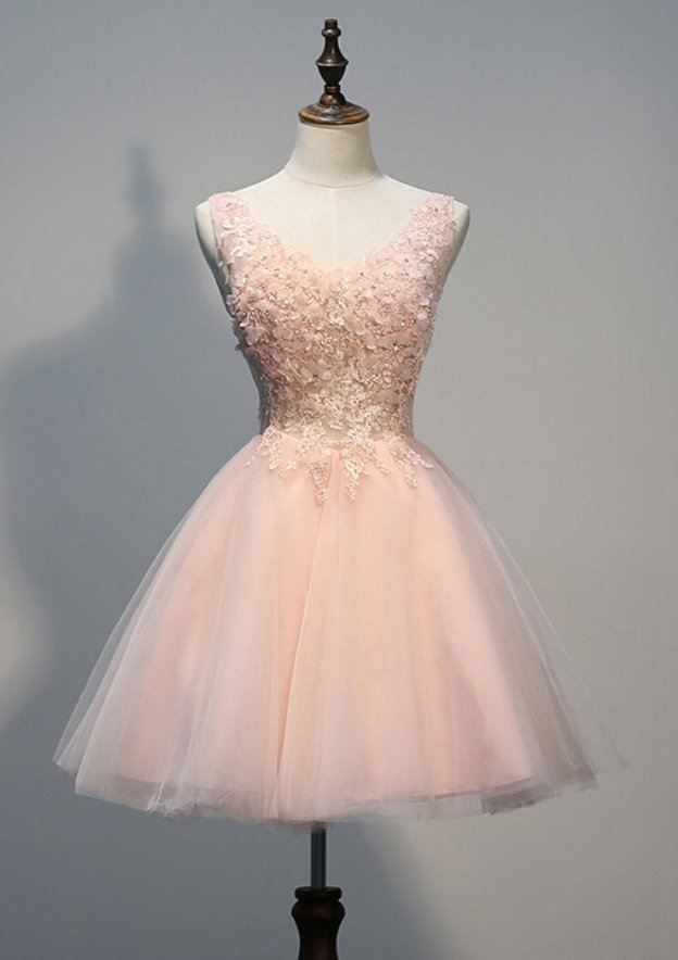 A-Line/Princess V-Neck Sleeveless Short/Mini Tulle Prom Dress with Appliqued Beading - 27Dress