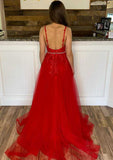 A-line/Princess V Neck Sleeveless Tulle Prom Dress With Appliqued Beading and Sweep Train-27dress