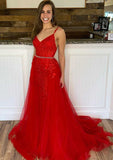 A-line/Princess V Neck Sleeveless Tulle Prom Dress With Appliqued Beading and Sweep Train-27dress