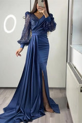 Sequins V-Neck Long Sleeves Mermaid Split Evening Dress with Ruffle