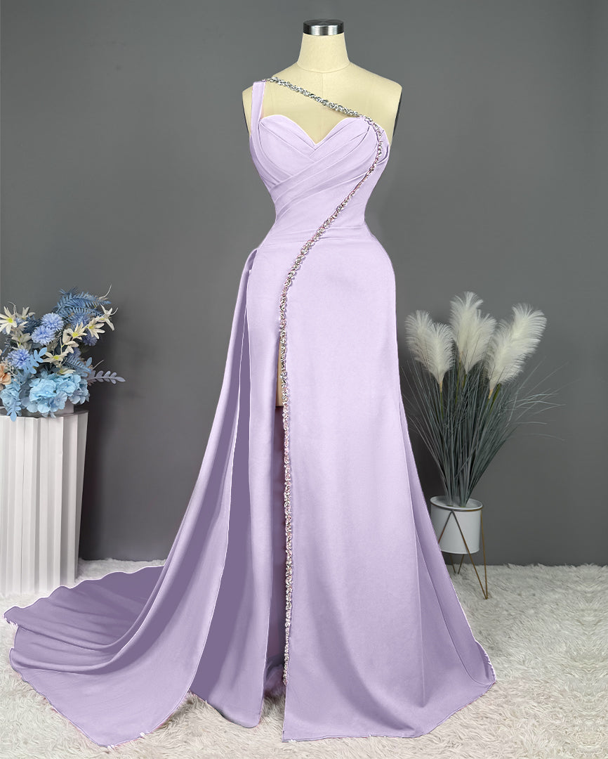 Fuchsia One Shoulder Evening Dress with Slit and Beaded Pleats