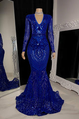 Royal Blue Long Sleeve Sequined Evening Dress with V Neck Mermaid Style