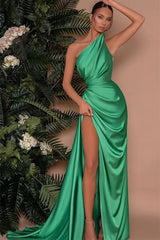 Elegant Green One-Shoulder Sleeveless Mermaid Evening Dress with Front Split Online