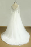 Affordable A-line White Lace Tulle Wedding Dress Longsleeves V-neck Bridal Gowns On Sale-27dress