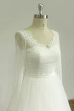 Affordable A-line White Lace Tulle Wedding Dress Longsleeves V-neck Bridal Gowns On Sale-27dress