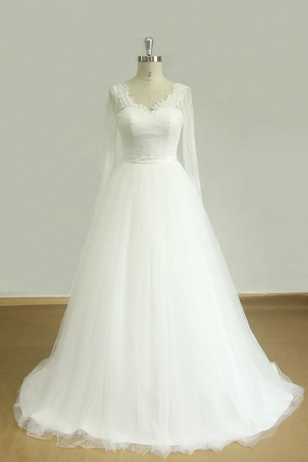 Affordable A-line White Lace Tulle Wedding Dress Longsleeves V-neck Bridal Gowns On Sale-27dress