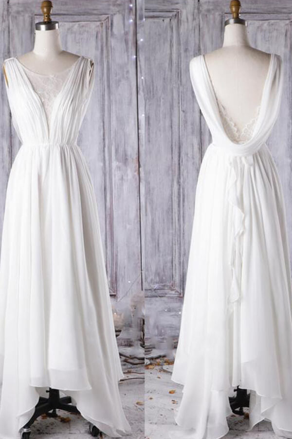 Affordable Asymmetric Chiffon Wedding Dress Lace Appliques Ruffles Bridal Gowns On Sale-27dress