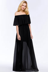 Affordable Black Off-the-shoulder Long Chiffon Bridesmaid Dress Online-27dress