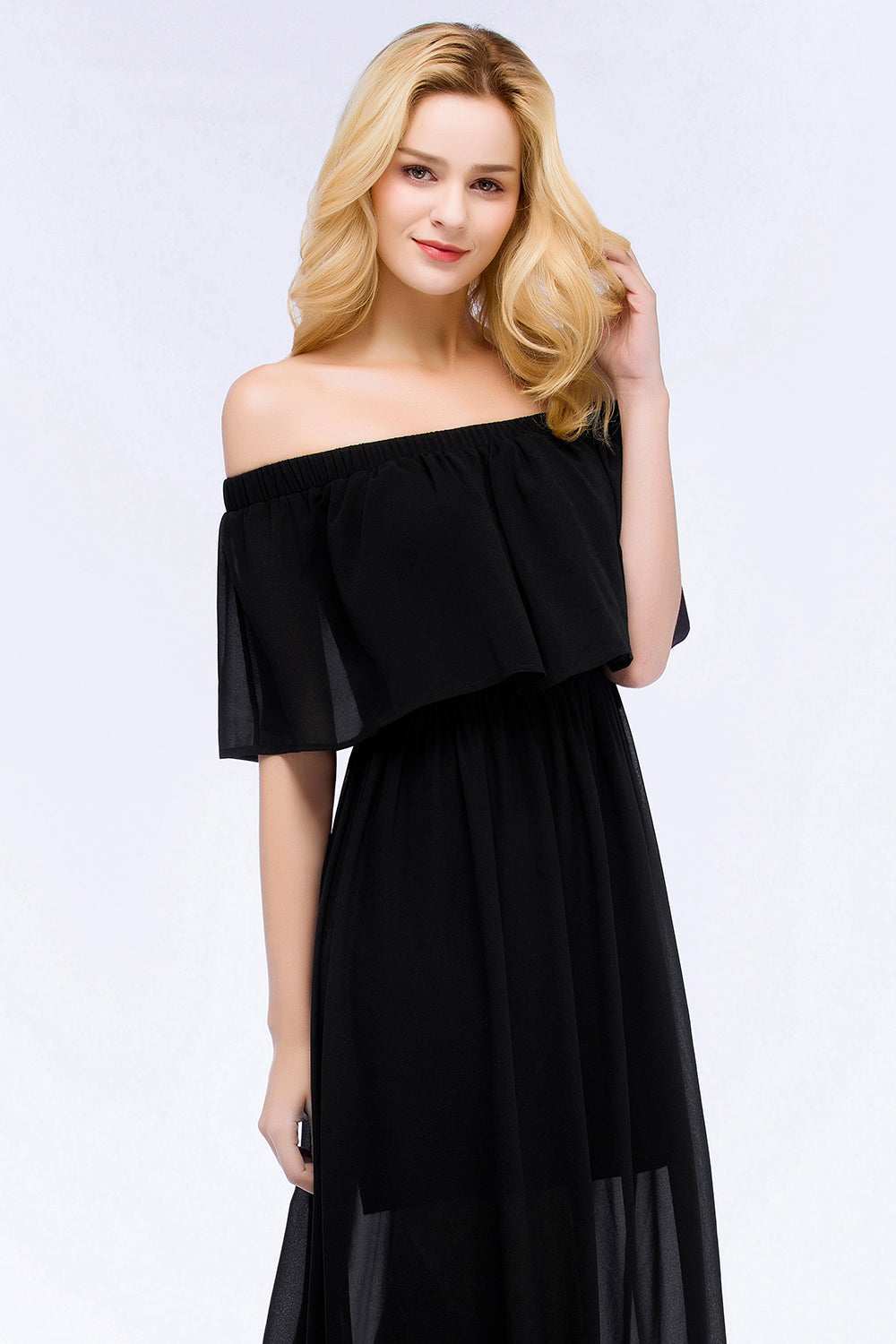 Affordable Black Off-the-shoulder Long Chiffon Bridesmaid Dress Online-27dress