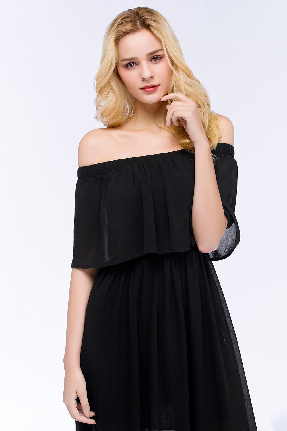 Affordable Black Off-the-shoulder Long Chiffon Bridesmaid Dress Online-27dress