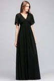 Affordable Chiffon Black V-Neck Bridesmaid Dresses with Short-Sleeves-27dress