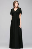 Affordable Chiffon Black V-Neck Bridesmaid Dresses with Short-Sleeves-27dress