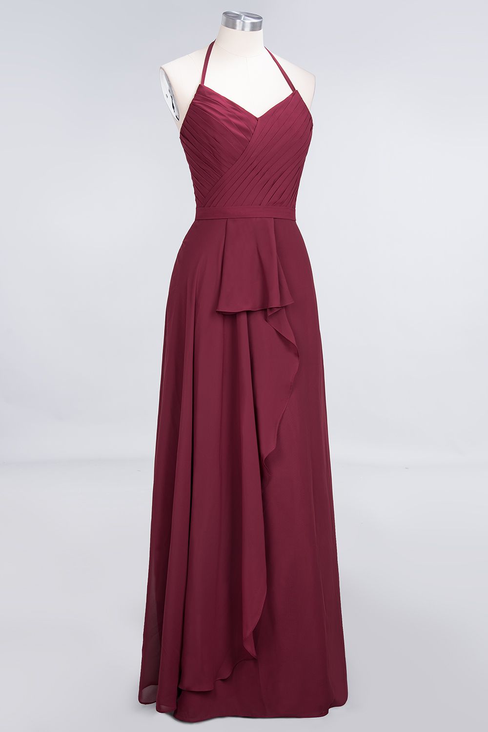 Affordable Chiffon Halter V-Neck Ruffle Burgundy Bridesmaid Dresses-27dress