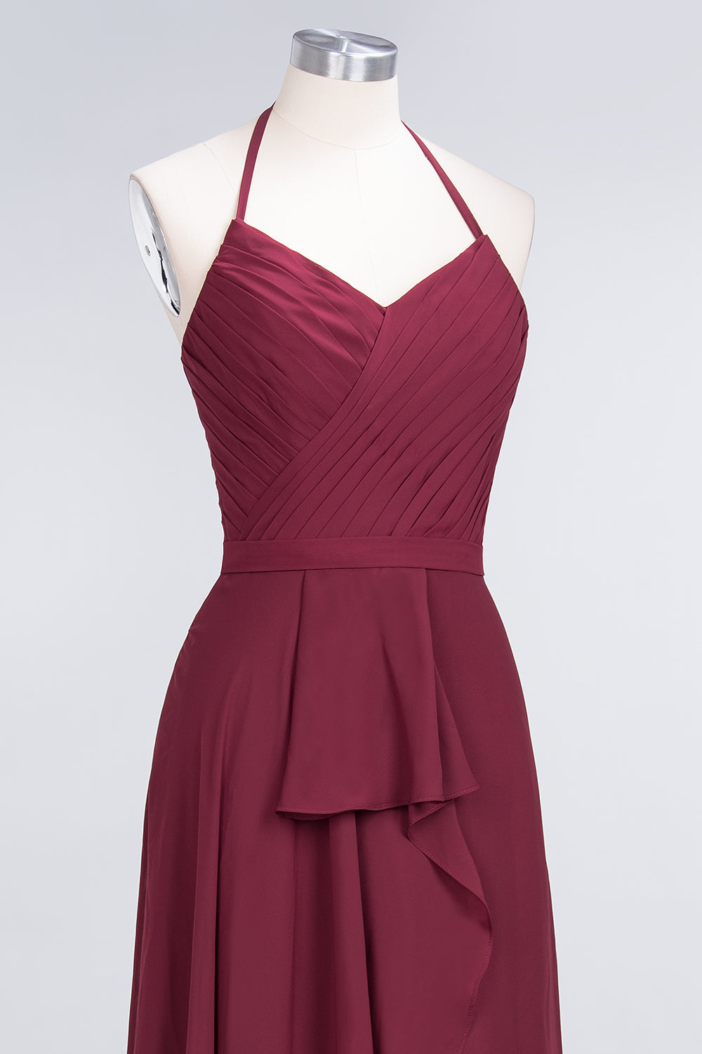 Affordable Chiffon Halter V-Neck Ruffle Burgundy Bridesmaid Dresses-27dress