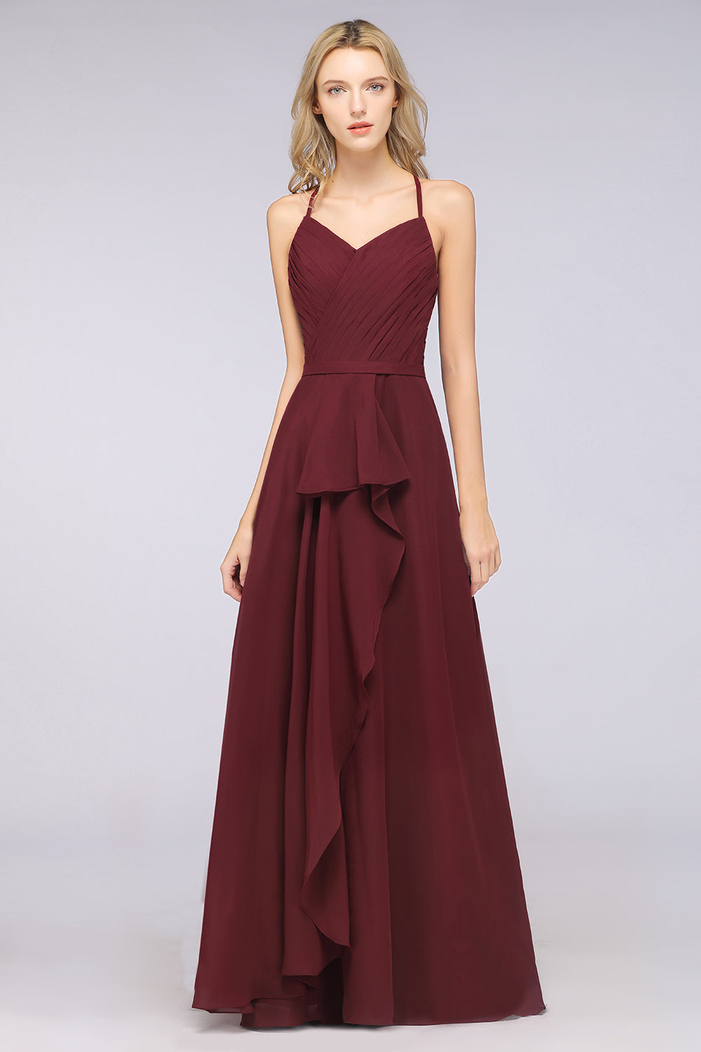 Affordable Chiffon Halter V-Neck Ruffle Burgundy Bridesmaid Dresses-27dress