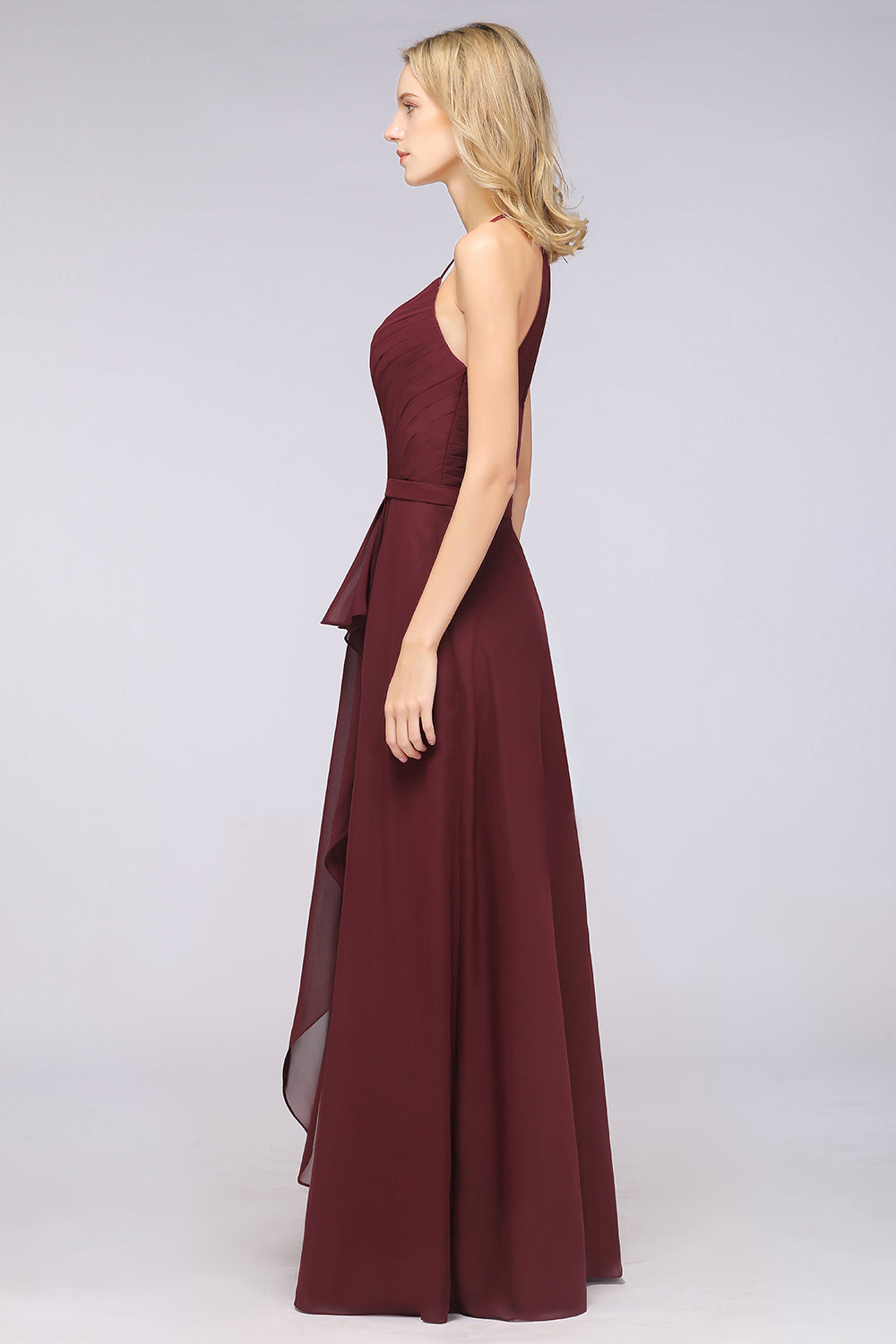 Affordable Chiffon Halter V-Neck Ruffle Burgundy Bridesmaid Dresses-27dress