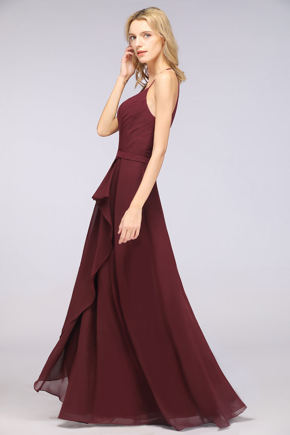 Affordable Chiffon Halter V-Neck Ruffle Burgundy Bridesmaid Dresses-27dress