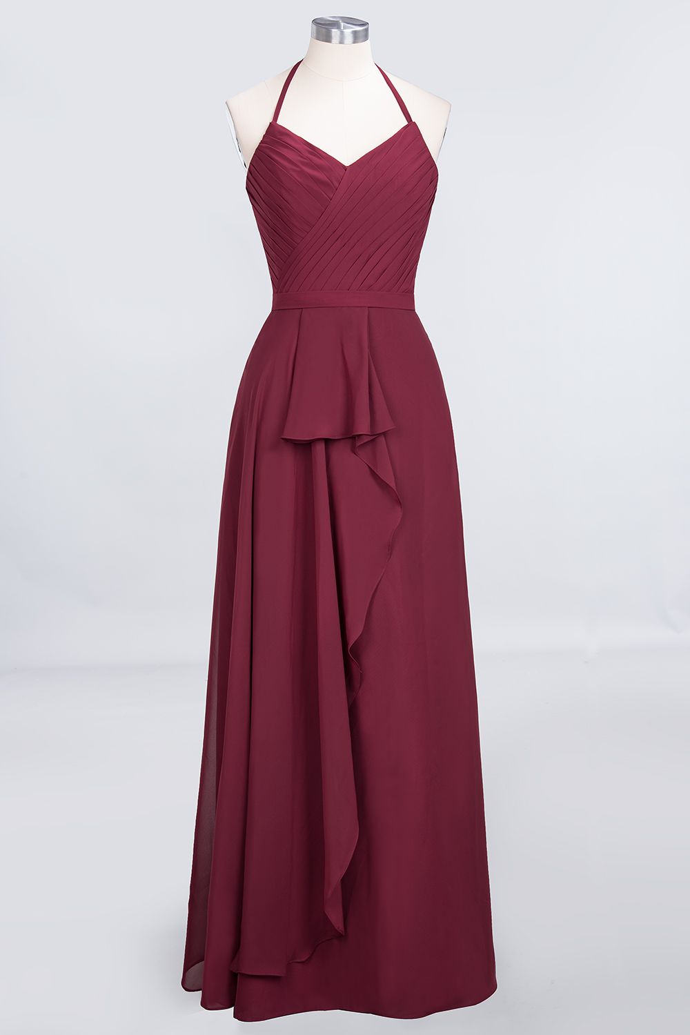 Affordable Chiffon Halter V-Neck Ruffle Burgundy Bridesmaid Dresses-27dress