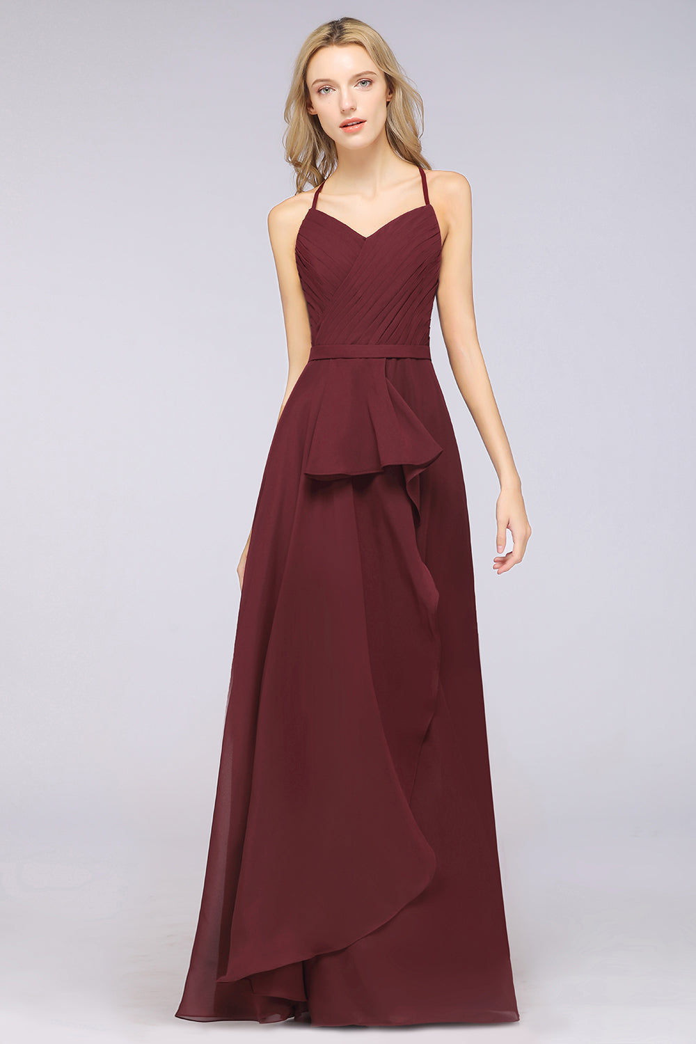 Affordable Chiffon Halter V-Neck Ruffle Burgundy Bridesmaid Dresses-27dress