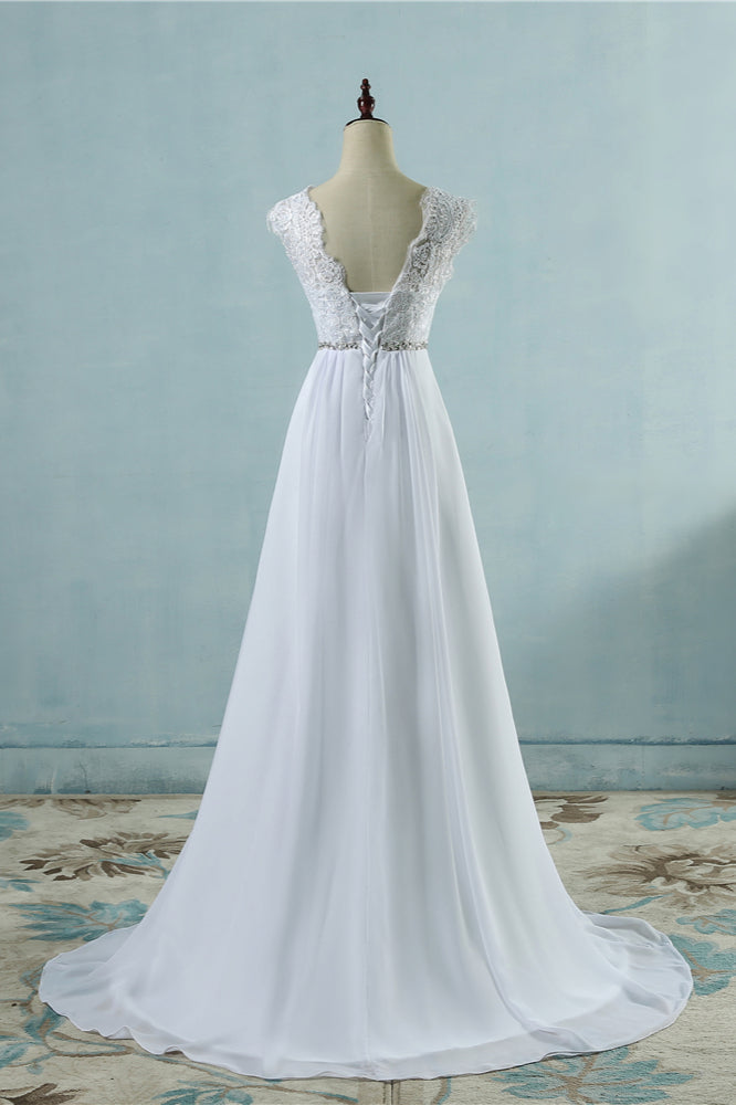 Affordable Chiffon Jewel Lace Ruffles Wedding Dress Sleeveless Appliques Bridal Gowns with Beading Sash-27dress