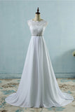 Affordable Chiffon Jewel Lace Ruffles Wedding Dress Sleeveless Appliques Bridal Gowns with Beading Sash-27dress