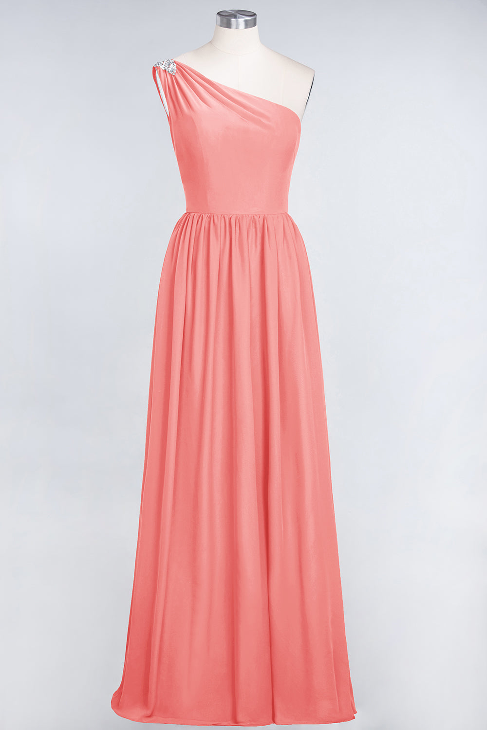 Affordable Chiffon One-Shoulder Ruffle Bridesmaid Dress with Beadings-27dress