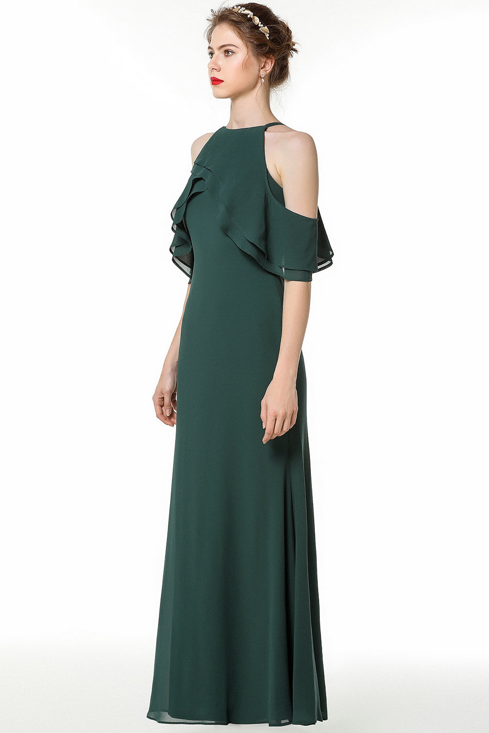 Affordable Cold-shoulder Ruffle Dark Green Bridesmaid Dresses Online-27dress