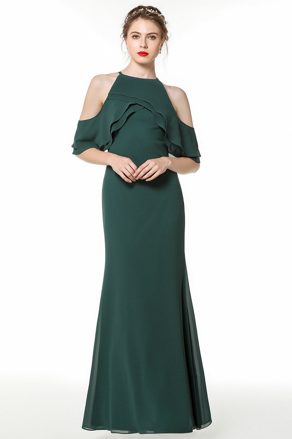 Affordable Cold-shoulder Ruffle Dark Green Bridesmaid Dresses Online-27dress