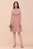 Affordable Dusty Pink Round Neck Ruffle Short Bridesmaid Dresses Online-27dress