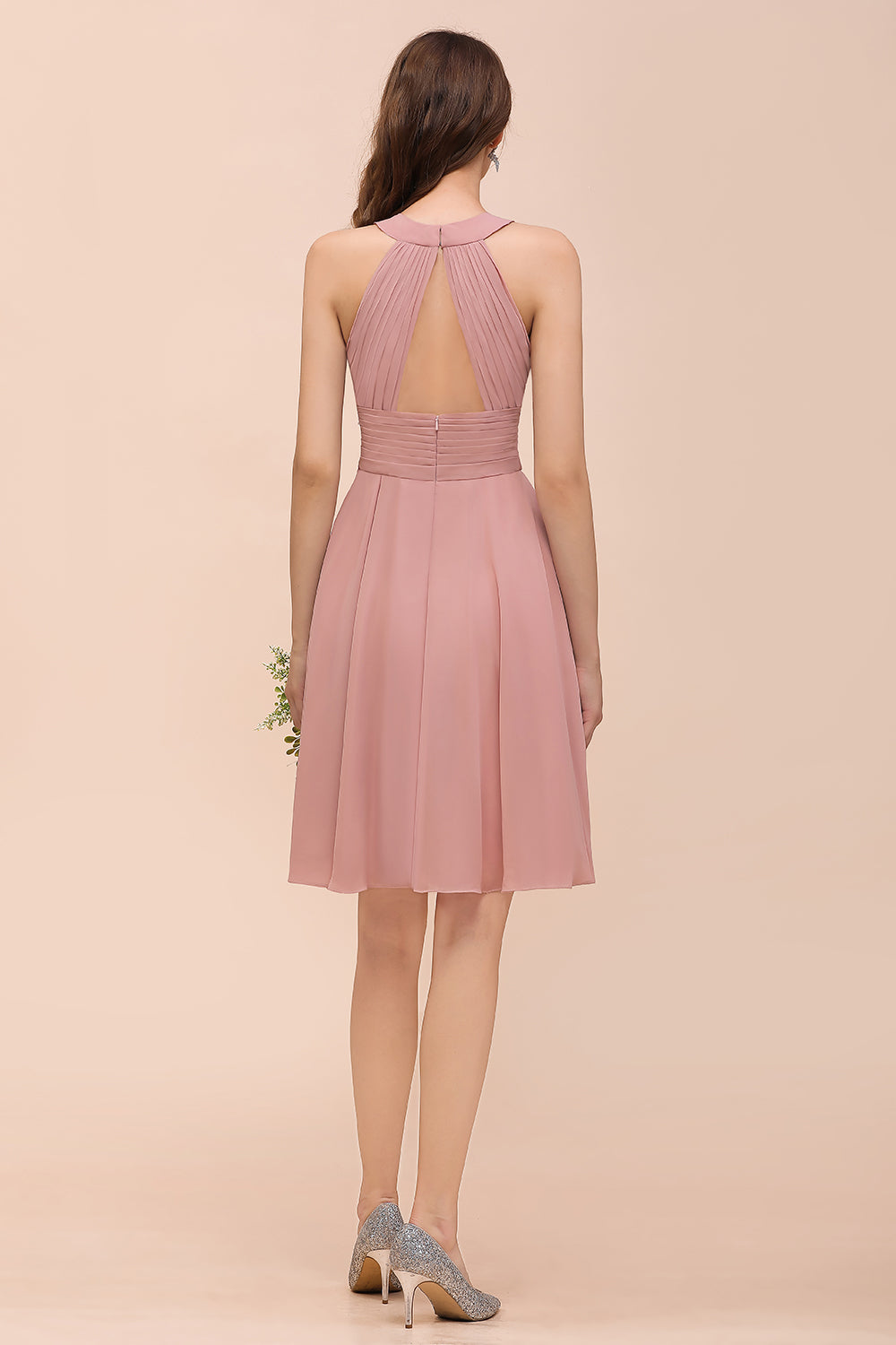 Affordable Dusty Pink Round Neck Ruffle Short Bridesmaid Dresses Online-27dress