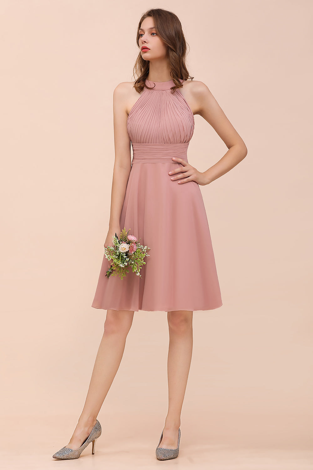 Affordable Dusty Pink Round Neck Ruffle Short Bridesmaid Dresses Online-27dress