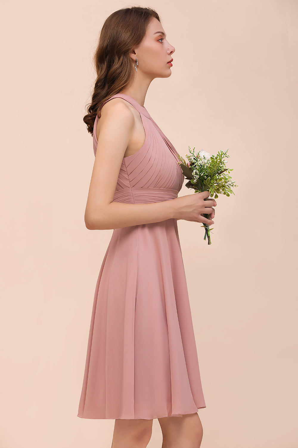 Affordable Dusty Pink Round Neck Ruffle Short Bridesmaid Dresses Online-27dress