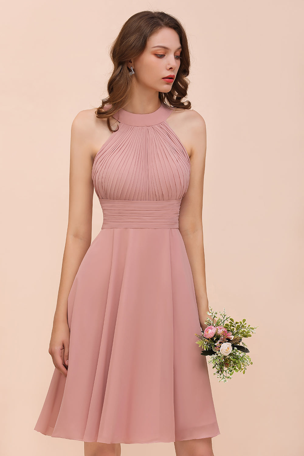 Affordable Dusty Pink Round Neck Ruffle Short Bridesmaid Dresses Online-27dress