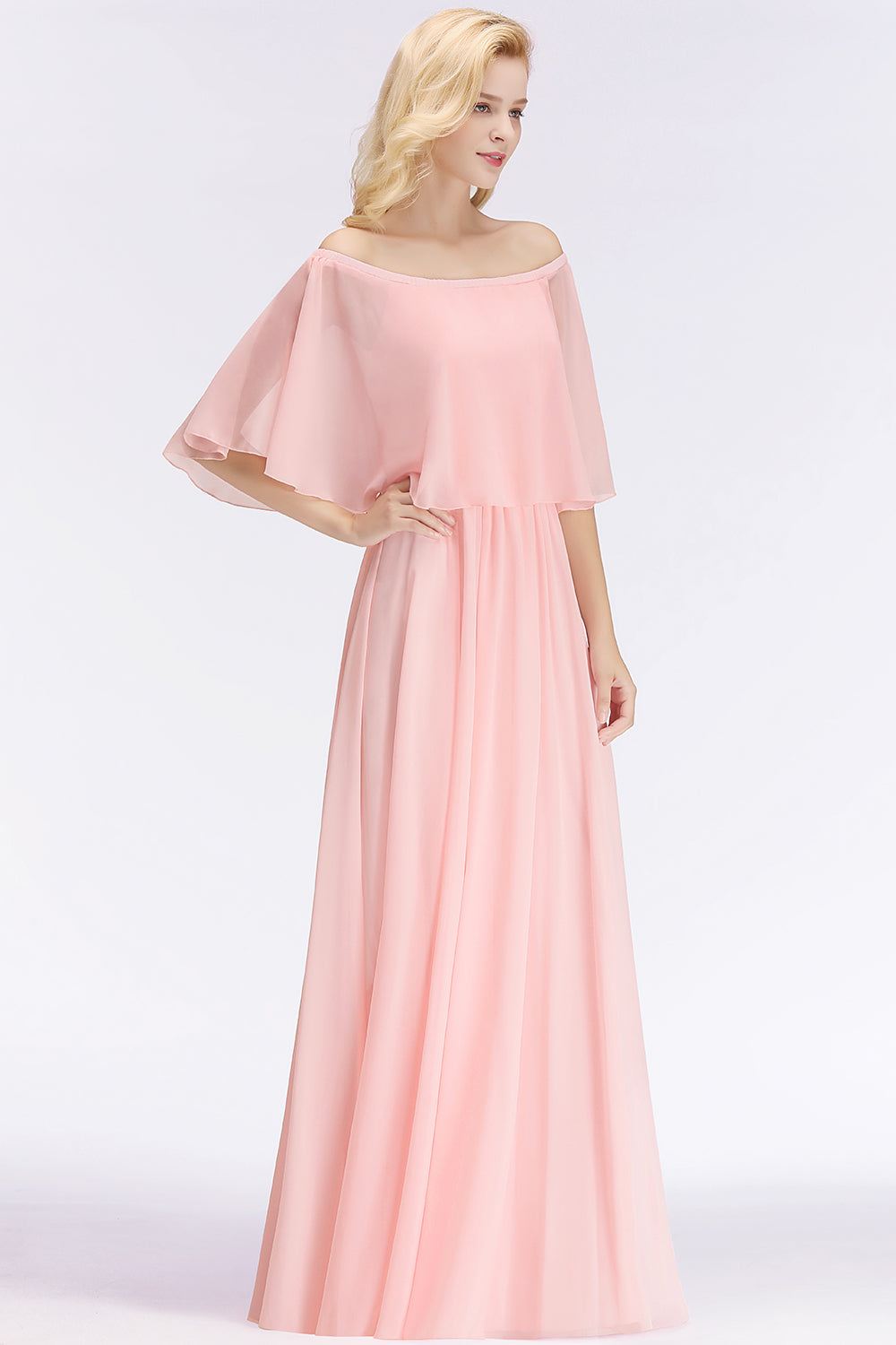 Affordable Flounced Crinkle Halter Bridesmaid Dresses Modest Pink Chiffon Wedding Party Dress-27dress