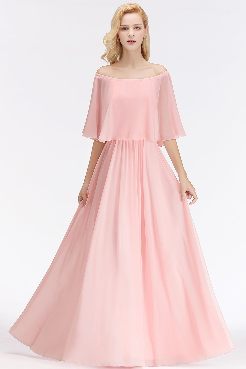 Affordable Flounced Crinkle Halter Bridesmaid Dresses Modest Pink Chiffon Wedding Party Dress-27dress