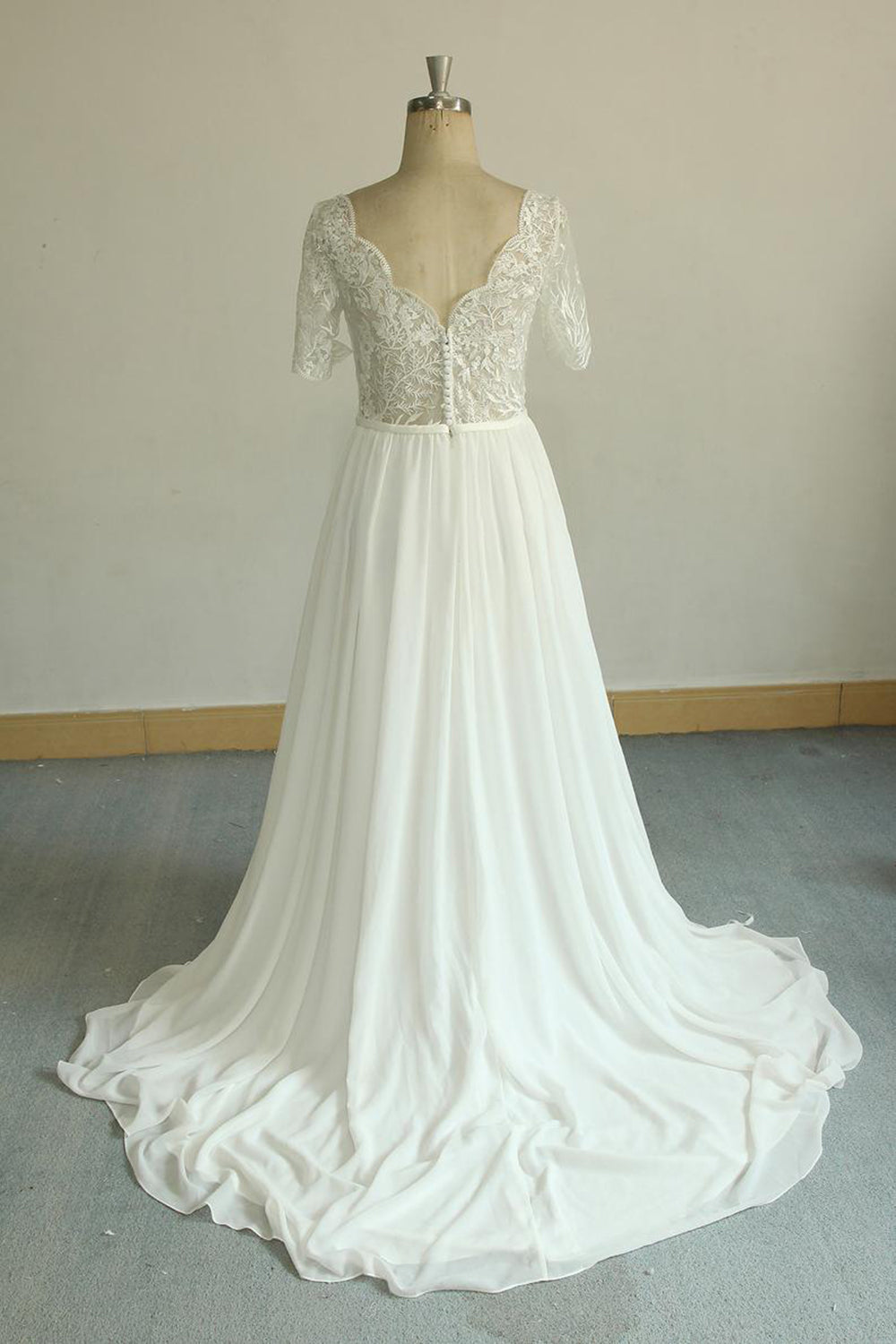 Affordable Halfsleeves V-neck Chiffon Wedding Dresses White A-line Ruffles Bridal Gowns Online-27dress