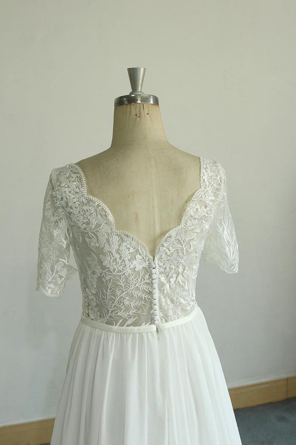 Affordable Halfsleeves V-neck Chiffon Wedding Dresses White A-line Ruffles Bridal Gowns Online-27dress