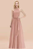 Affordable Halter Bow Long Bridesmaid Dress Modest Burgundy Chiffon Wedding Party Dress-27dress