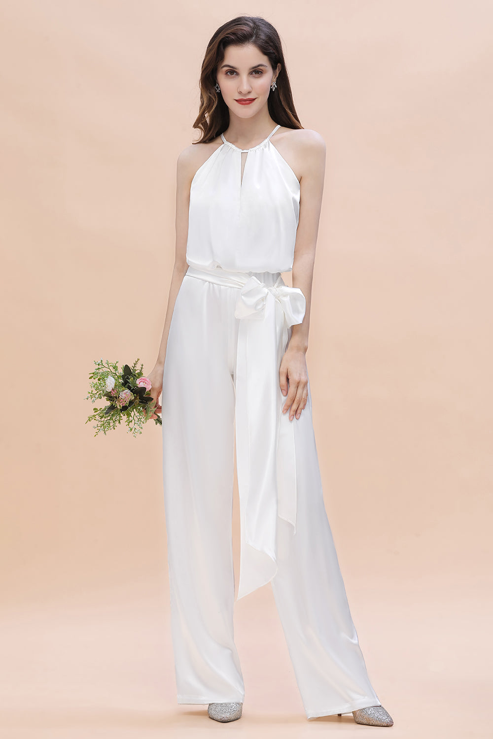 Affordable Halter Sleeveless Ivory Charmeuse Bridesmaid Jumpsuit Online-27dress
