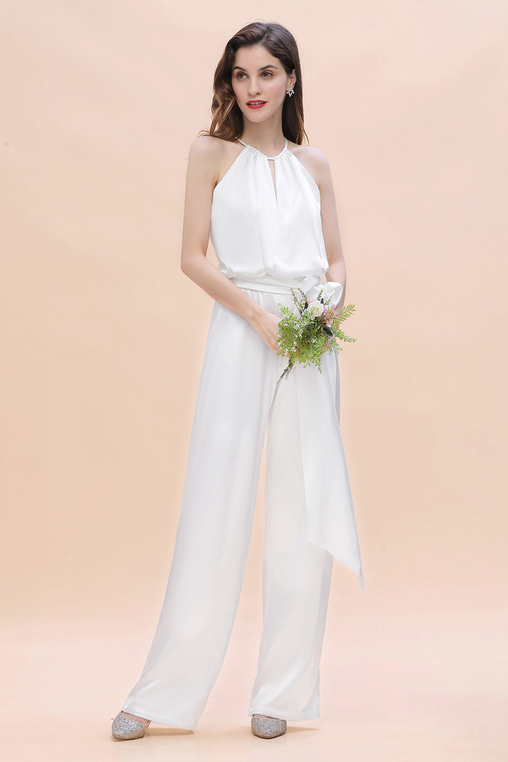 Affordable Halter Sleeveless Ivory Charmeuse Bridesmaid Jumpsuit Online-27dress