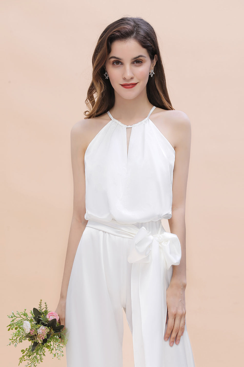 Affordable Halter Sleeveless Ivory Charmeuse Bridesmaid Jumpsuit Online-27dress