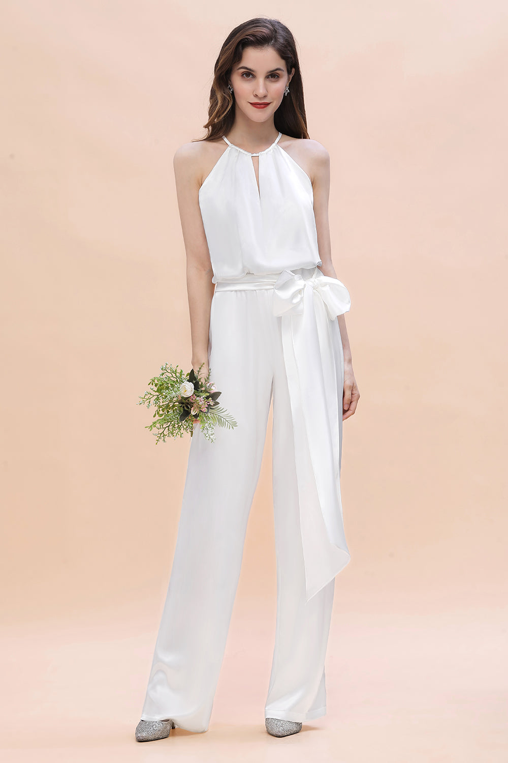 Affordable Halter Sleeveless Ivory Charmeuse Bridesmaid Jumpsuit Online-27dress