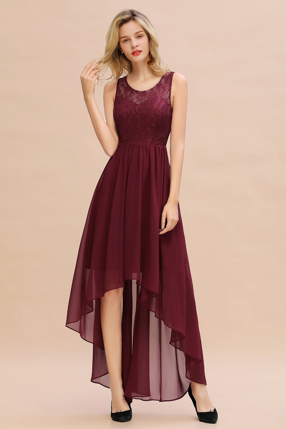 Affordable Hi-Lo Lace Sleeveless Burgundy Chiffon Bridesmaid Dress Online-27dress