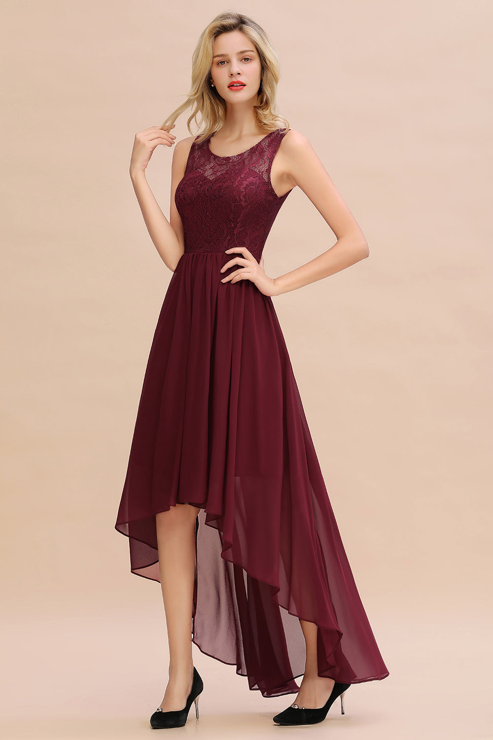 Affordable Hi-Lo Lace Sleeveless Burgundy Chiffon Bridesmaid Dress Online-27dress