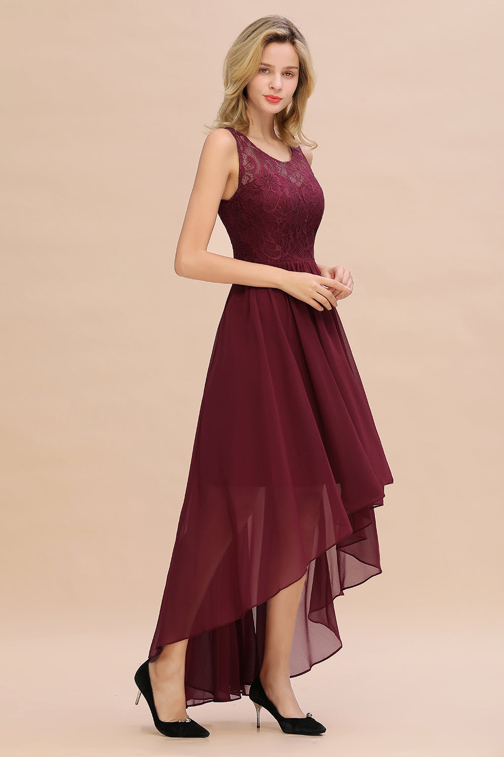 Affordable Hi-Lo Lace Sleeveless Burgundy Chiffon Bridesmaid Dress Online-27dress