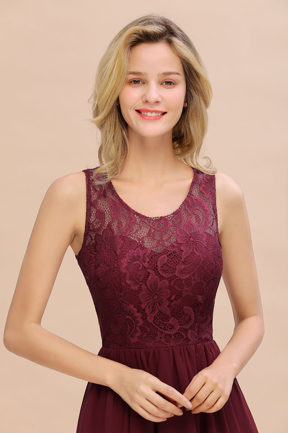 Affordable Hi-Lo Lace Sleeveless Burgundy Chiffon Bridesmaid Dress Online-27dress