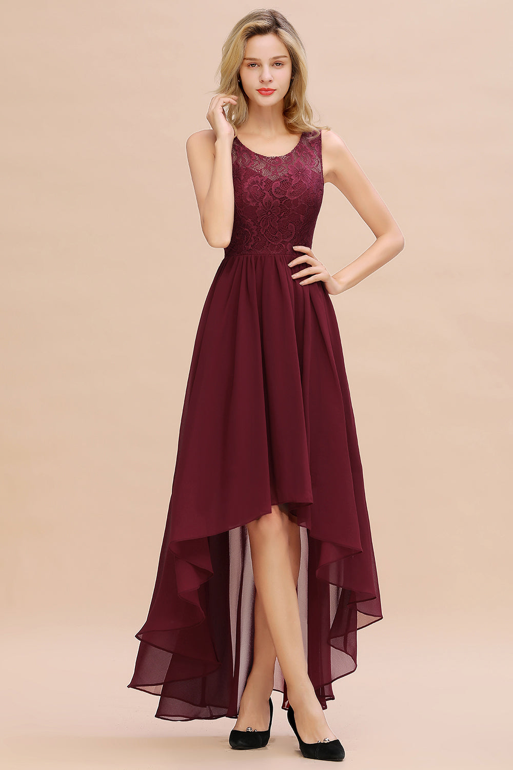 Affordable Hi-Lo Lace Sleeveless Burgundy Chiffon Bridesmaid Dress Online-27dress