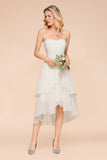 Affordable Hi-Lo Layer Ruffle Ivory Short Bridesmaid Dress with Flower-27dress