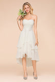 Affordable Hi-Lo Layer Ruffle Ivory Short Bridesmaid Dress with Flower-27dress