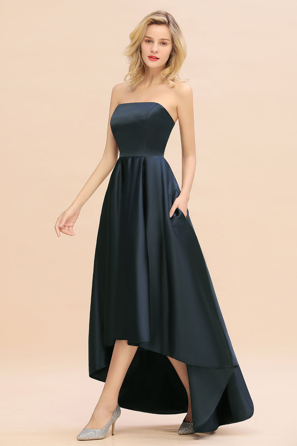 Affordable Hi-Lo Strapless Satin Bridesmaid dresses Online-27dress